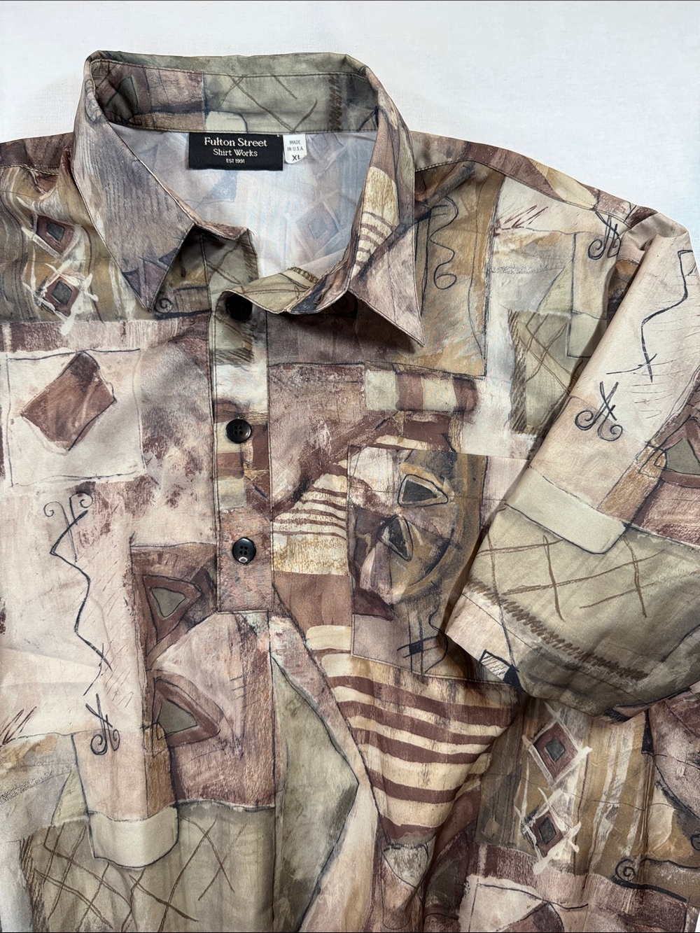 90s Vintage Fulton Street Shirt Works Abstract AOP Pullover Polo Shirt XL